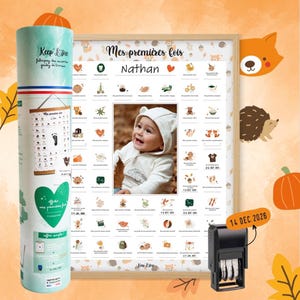 Keep'Love - Affiche bébé à tamponner "Mes Premières Fois" Renard – Avec kit empreintes, tampon dateur & cadre photo – Cadeau de Naissance