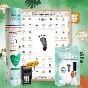 Keep'Love - Affiche bébé à tamponner "Mes Premières Fois" Lion – Avec kit empreintes, tampon dateur & cadre photo – Cadeau de Naissance