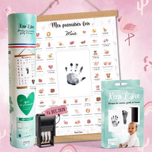 Keep'Love - Affiche à tamponner "Mes Premières Fois" Flamant Rose – Avec kit empreintes, tampon dateur & baguettes – Cadeau de Naissance