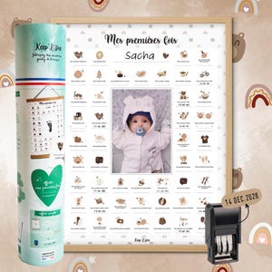 Keep'Love - Affiche bébé à tamponner "Mes Premières Fois" Ourson – Avec kit empreintes, tampon dateur & cadre photo – Cadeau de Naissance