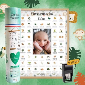 Keep'Love - Affiche bébé à tamponner "Mes Premières Fois" Lion – Avec kit empreintes, tampon dateur & cadre photo – Cadeau de Naissance