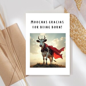 Cartão de aniversário engraçado, cartão de vaca divertido e brincalhão feito à mão, cartão de felicitações bem-humorado, cartão de presente de aniversário para sobrinha, sobrinho, "Moochas, obrigado por ter nascido"