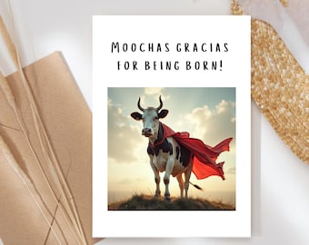 Tarjeta de cumpleaños divertida, hecha a mano, con una vaca divertida y divertida, tarjeta de felicitación humorística, regalo de cumpleaños para sobrino o sobrina. "Muchas gracias por haber nacido".