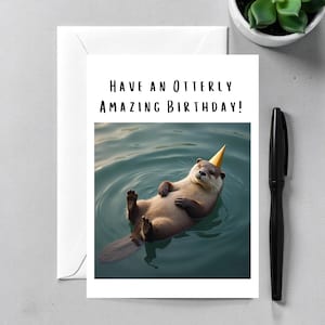 Lustige Geburtstagskarte, Otter Humor Wortspiel, Grußkarte innen leer, schrullig handgefertigte fröhliche Geburtstagswünsche, "Have An Otterly Amazing Birthday"