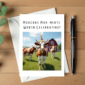 Carte d'anniversaire amusante, carte de voeux faite main pour grand-mère et femme, anniversaire de mariage, humour de jeu de mots avec une vache, « Moochas Moo-Ments Worth Celebrating »