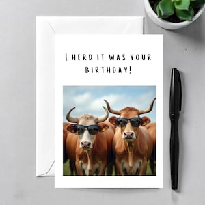 Funny Cow Birthday Card, Pun Greeting for Nature or Farm Animal Fans, Fun Gift Idea for Pet Lovers Mom Dad, &quot;I Herd It Was Your Birthday&quot;
