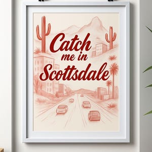 Arte mural con ambiente desértico / Póster retro de viaje de Scottsdale, impresión vintage roja de Arizona, decoración de descarga instantánea