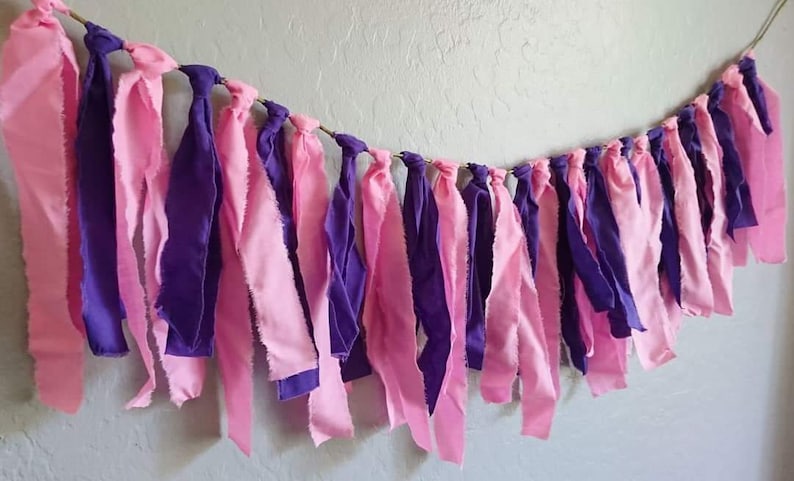 Birthday Party Cake Smash Birthday Girl Boho Baby Shower Pink and Purple Rag Banner Baby Girl High Chair Banner Photo Prop