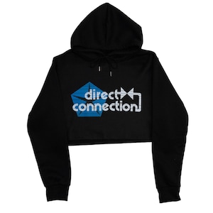 May include: Black cropped hoodie with a blue and white logo that says "direct connection" in a geometric shape.