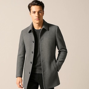 Men&#39;s Grey Herringbone Tweed Long Coat | Double-Breasted Trench Coat | Woolen Vintage Winter Overcoat