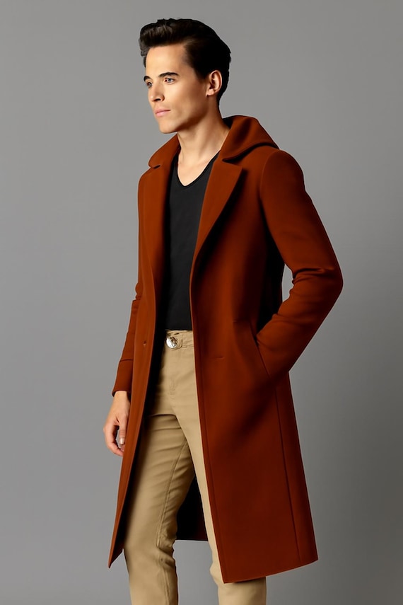 Brauner Herren-Wollmantel Klassischer langer Wintermantel im