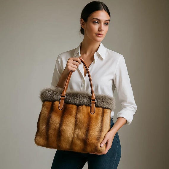 Brown Faux Fur Tote Bag – Fluffy Striped Shoulder Handbag With