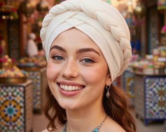 Pre-Tied Turban Headwrap, Double Braid Twist, Soft Cotton Blend Chemo Cap