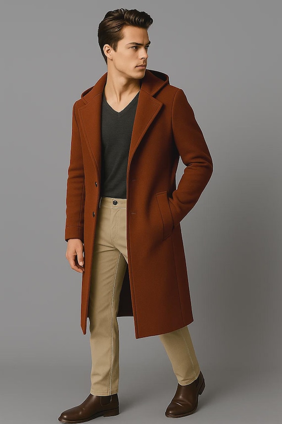 Brauner Herren-Wollmantel Klassischer langer Wintermantel im