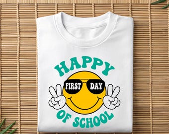 ハッピー新学期PNG、スマイリーフェイス新学期PNG、レトロなスクールスマイルPNG、子供と先生の昇華デザイン