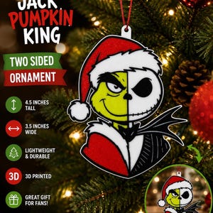 Grinch Jack Skellington Kerstornament | Dubbelzijdig Kerstornament | Grinch Pompoenkoning Mix | Nachtmerrie Kerstdecoratie | 3D Geprint Cadeau