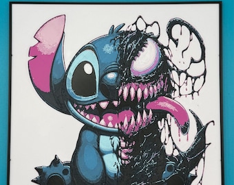Stitch and Venom Monster Wall Art (8x8) | Cute Horror Mashup Print | Dark Cartoon Decor | Gothic Pop Art | Unique Nerd Room Decor