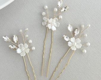 Wedding Hair Pins, Bridal Flower Hair Pieces, Floral Rhinestone Headpiece, Wedding Hair Combs, Pearl Bridal Hair Clip