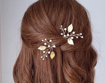 Gold Leaf Wedding Hair Pins, Silver Pearl Bridal Hair Hair Comb, Wedding Hair Piece, Wedding Hair Accessory