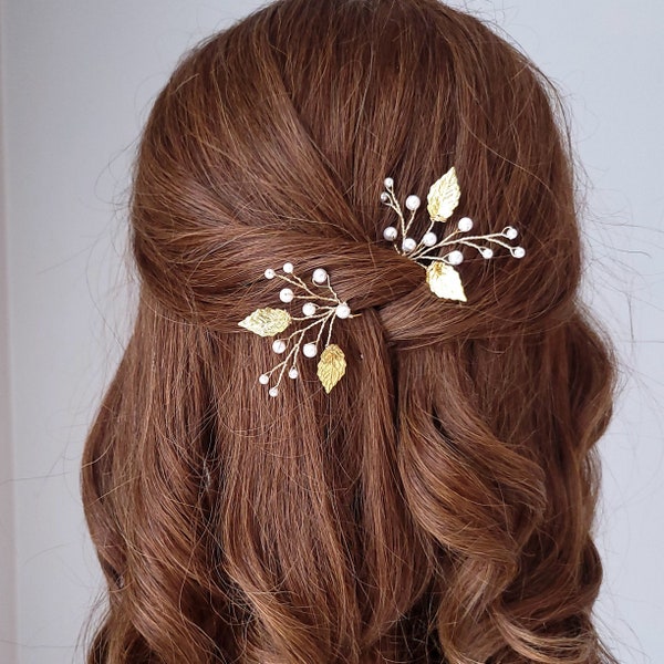 Gold Leaf Wedding Hair Pins, Silver Pearl Bridal Hair Hair Comb, Wedding Hair Piece, Wedding Hair Accessory