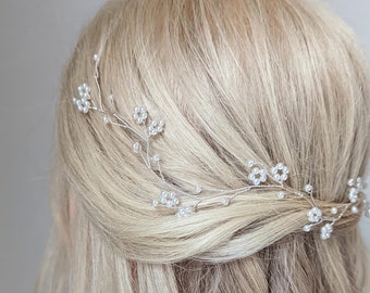 Tocado de novia con perlas, tocado de novia con flores de aliento de bebé, tocado de novia con flores de aliento de bebé, accesorio para el cabello con perlas, tocado de novia con cuentas
