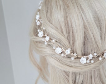 Enredadera de flores para el cabello, tocado de novia con perlas, diadema floral para boda, accesorio para el cabello de novia, tocado de boda