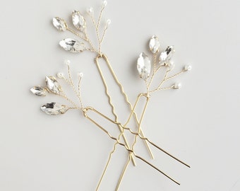 Gold Hair Pins, Pearl and Rhinestone Hair Piece, Bridal Hair Comb, Wedding Hair Vine, Wedding Hair Clip, Silver Hair Accessory