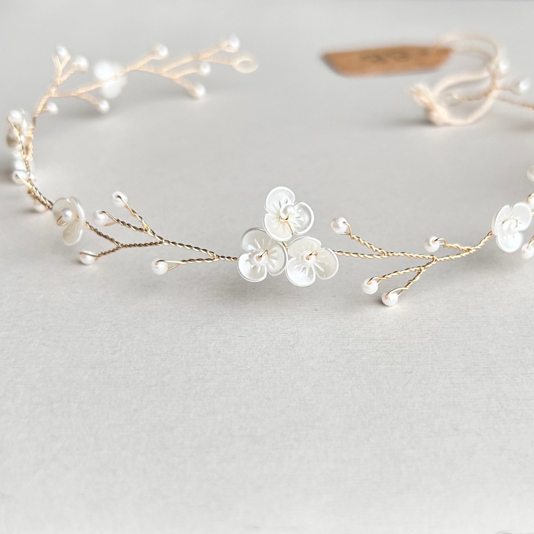 Wedding Bridal Pearl Headband, Flower Girl Pearl Hair Vine Princess Whimsical pearl bridal headband - Pearl burst and silk  main image 3