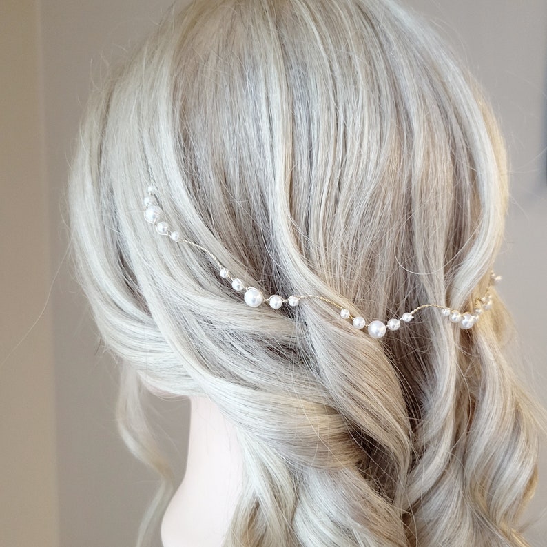 Cheveux de liane en perles, serre-tête de mariée en perles, mèche de cheveux de mariage, bijoux pour cheveux en perles, liane de cheveux or, bandeau en argent image 2
