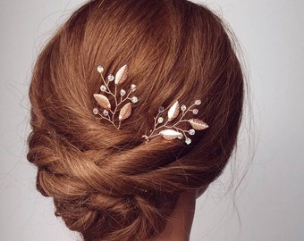 Vid de pelo de oro rosa, pasadores de pelo de boda, peine de pelo nupcial, pieza de pelo de boda, pasadores de pelo de novia de vid de hoja, pasadores de pelo de vid, tocado de novia