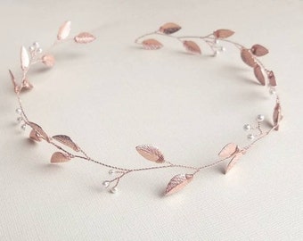 Wedding Hair Vine, Bridal Headband, Rose Gold Hair Wreath, Wedding Hair Piece, Leaf Hair Accessory