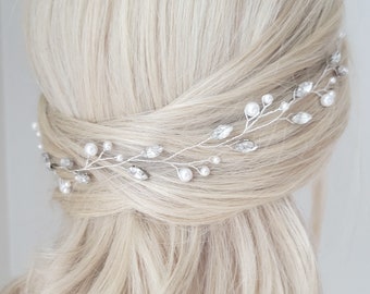 Pearl Bridal Headband, Rhinestone Wedding Hair Vine, Bridal Hair Piece, Wedding Hair Wreath