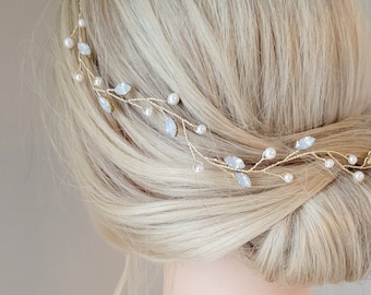 Enredadera de pelo de ópalo, pieza de pelo de perla, accesorio para el cabello de pedrería, diadema de boda, joyería para el cabello