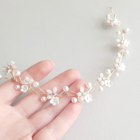 Flower Hair Vine Pearl Bridal Hair Piece Floral Wedding Headband Bridal Hair Gif Amazon.com : CASDRE Flower Bride Wedding Hair Vine Pearl  main image 3