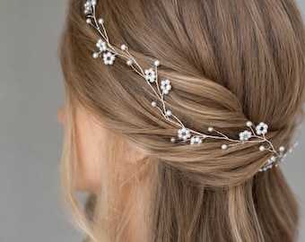 Bridal Pearl Hair Vine, Baby's Breath Headpiece, Beaded Wedding Hair Piece, Babies Breath Wedding Hair Accessory, Bridal Headband