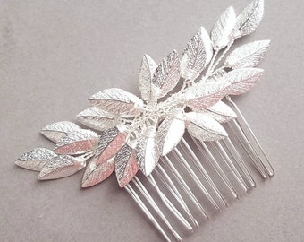 Silver Leaf Hair Comb, Silver Bridal Hairpiece, Bridal Headpiece, Silver Wedding Hair Comb, Silver Vine Hair Pin, Leaf Vine Hair Piece