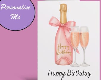 Personalised birthday card for her pink champagne and glasses custom name elegant female birthday card floral luxury design with envelope.