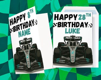 Mercedes F1 Birthday Card | Lewis Hamilton Inspired | Personalised Racing Card with Name & Age | Formula 1 Car | A5 Card with Envelope