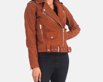 Braune Wildleder-Bikerjacke für Damen, handgefertigter Motorradmantel, Vintage-Motorradbekleidung