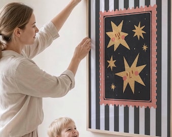 Arte de parede com listras vintage – Decoração para quarto de bebê e infantil, parede de galeria eclética