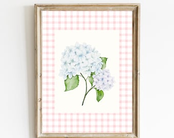 Blue Hydrangea Print, Pink Floral Wall Art, Cottagecore Botanical Poster, Nursery and Dorm Room Decor