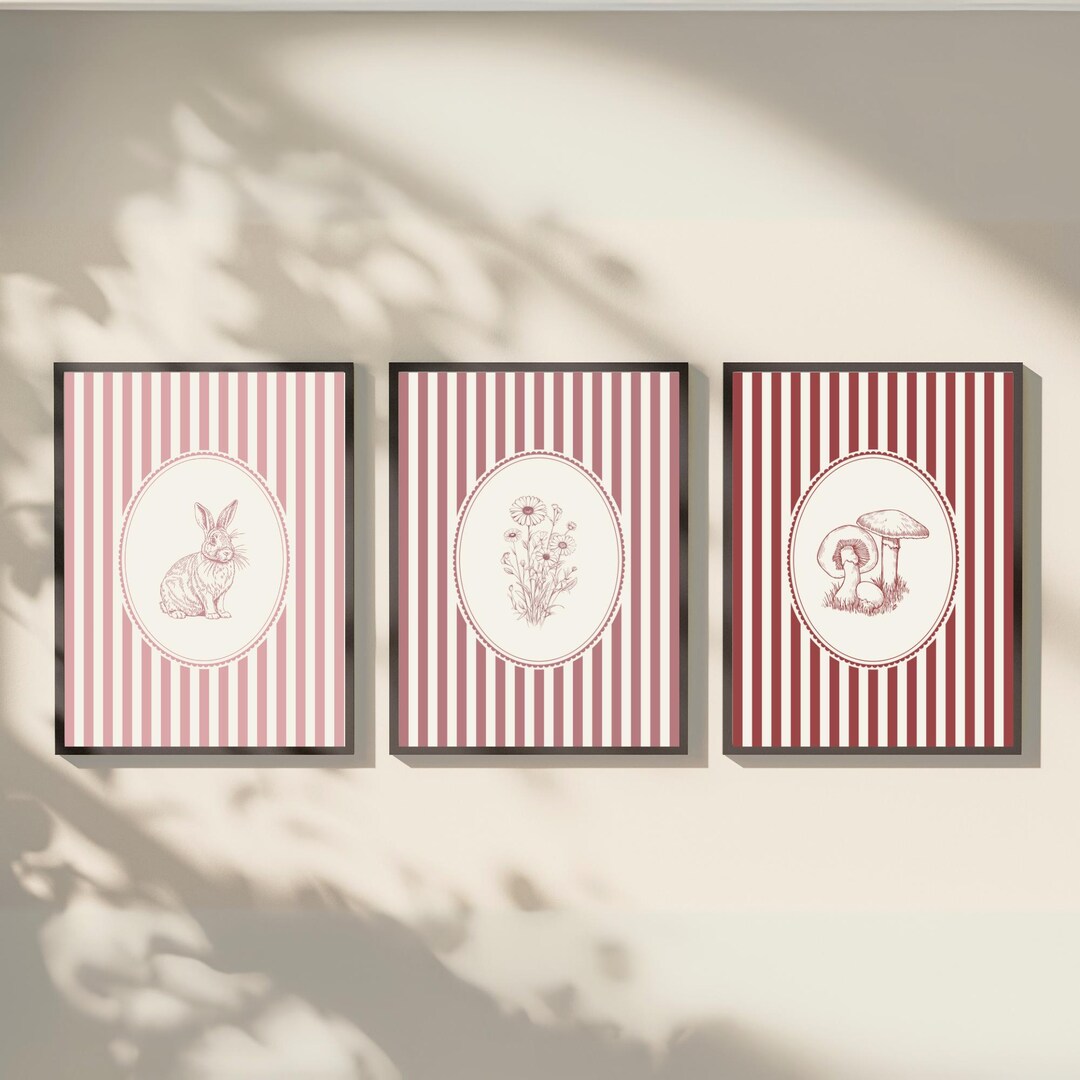 Printable Vintage Nursery Wall Art Set of 3, Pink Stripe Nursery Prints ...