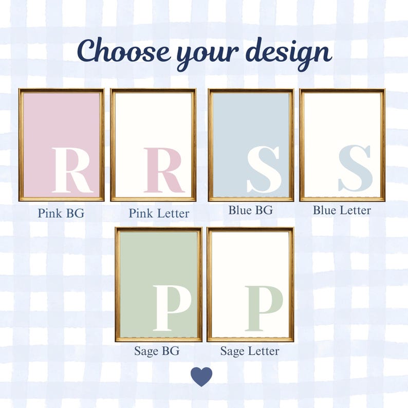 Pode incluir: Seis impress&otilde;es emolduradas com o texto Choose your design no topo. As impress&otilde;es apresentam as letras R, S e P em v&aacute;rias combina&ccedil;&otilde;es de cores, incluindo fundos ou letras em rosa, azul e verde s&aacute;lvia, em molduras finas douradas.