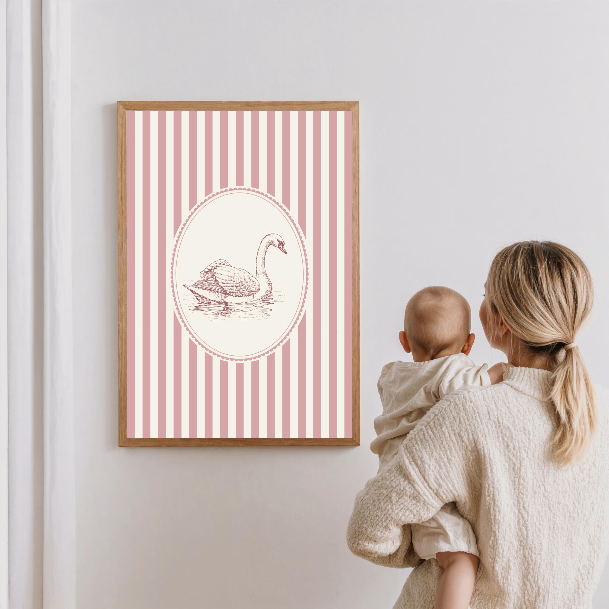 Vintage Swan Nursery Wall Art, Pink Stripe Baby Girl Room Decor, Oval ...
