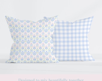 Funda de almohada de damasco azul pastel, cojín decorativo para sofá, habitación infantil o dormitorio, almohada cuadrada floral decorativa, regalo de inauguración de casa