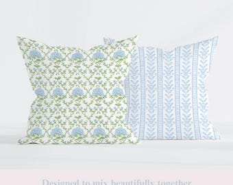 Blue Stripe Floral Pillow Cover – Cottagecore Throw Pillow, French Country Decor, Preppy Accent Cushion, Housewarming Gift
