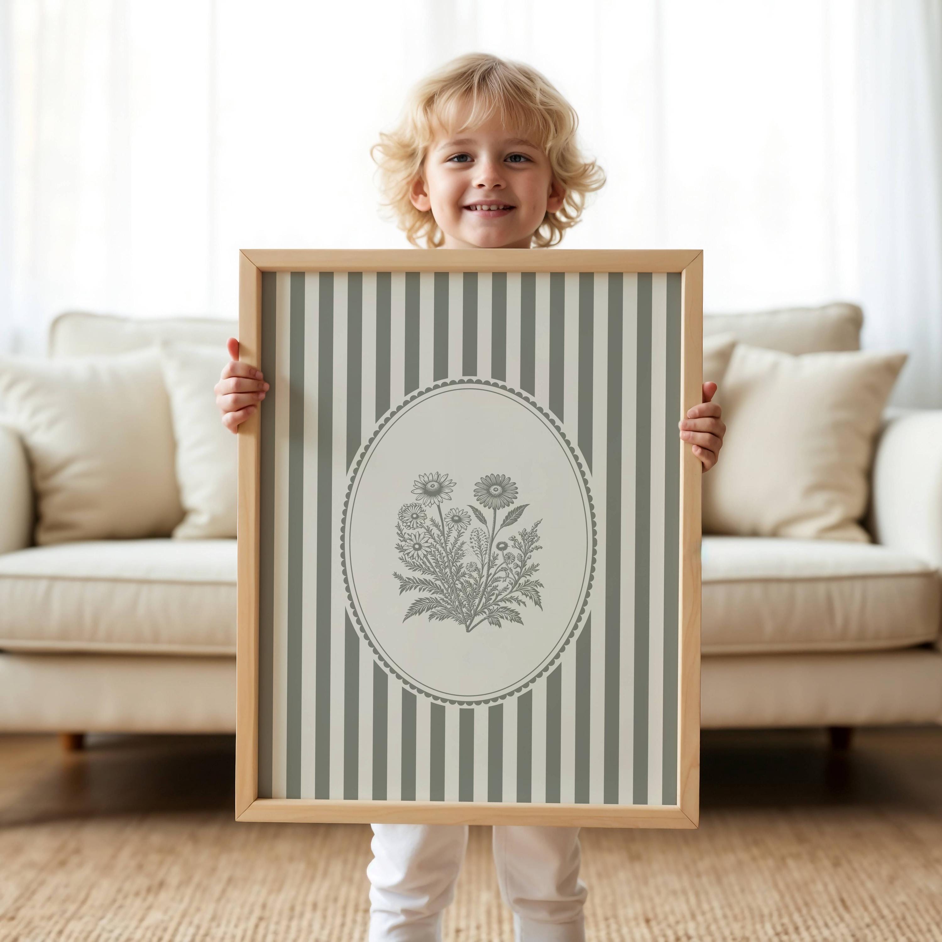 Printable Vintage Nursery Wall Art Set of 3, Neutral Stripe Nursery ...