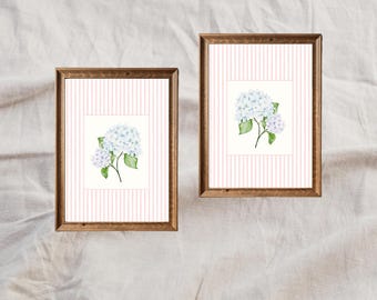 Blue Hydrangea Posters with Pink Stripe Pink Floral Wall Art Grandmillennial Prints Hydrangea Nursery Baby Girls Dorm room Decor Fall Decor