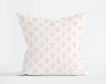 Pink Fleur de Lis Pillow Cover, Vintage French Country Bedroom Decor, Cottagecore Farmhouse Cushion