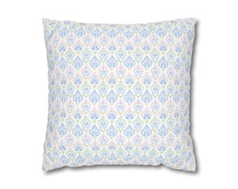 Pink Blue Green Pillow Cover, Pastel Floral Block Print Throw Pillow, French Country Cottagecore Cushion, Home Bedroom Decor